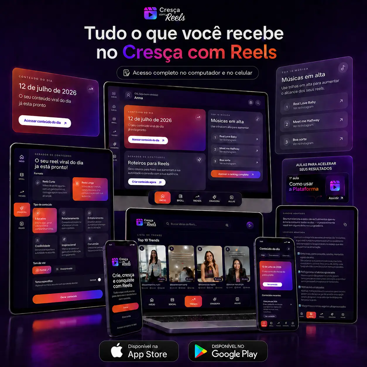 Conteúdos e recursos da plataforma Cresça com Reels