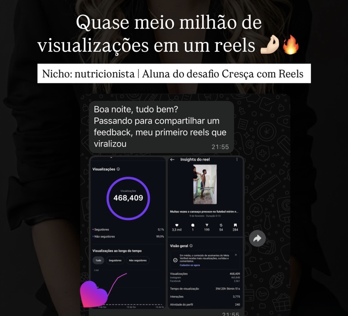 Print de aluna do nicho nutrição que bateu 468.409 visualizações em um único reels
